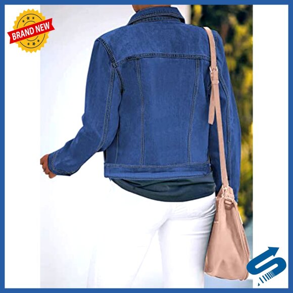 Stretch Denim Jacket Long Sleeve Button Down Fitted Women's Outerwear - Picture 2 of 7